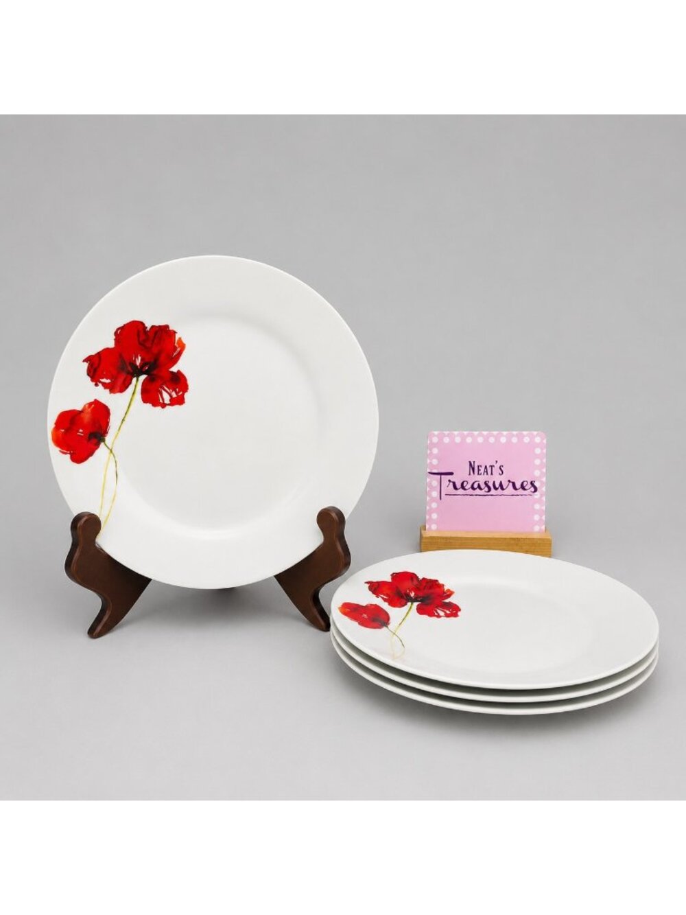 H2K Home To Kitchen POPPI Red Floral White Porcelain 7.5" Salad Plates Set of 4